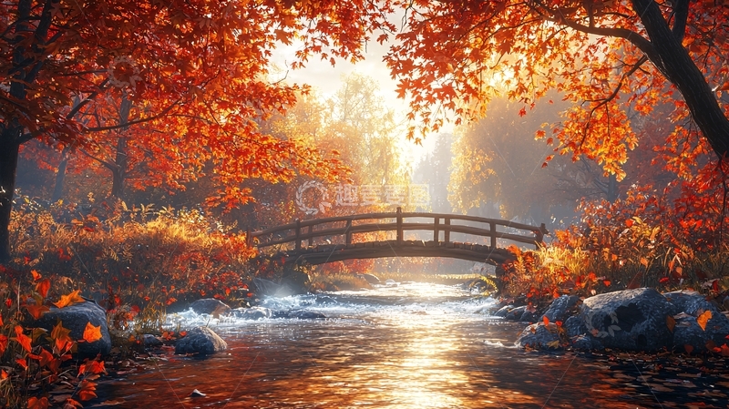 高清大图下载【趣麦麦图】秋日暖阳下的木桥溪流