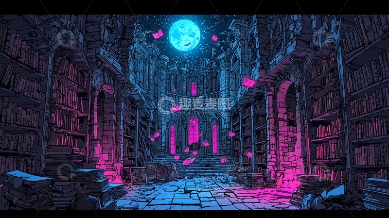 高清大图下载【趣麦麦图】梦幻蓝色月光图书馆