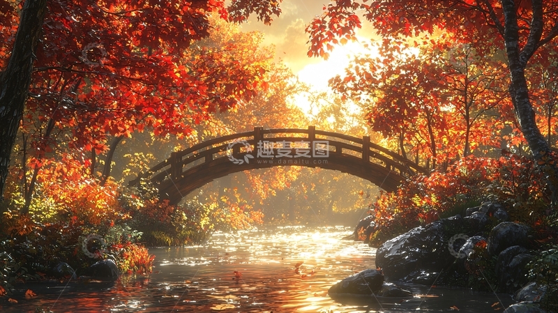 高清大图下载【趣麦麦图】秋日暖阳下的日式拱桥
