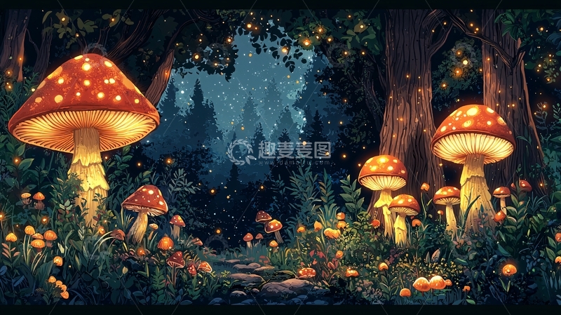 高清大图下载【趣麦麦图】夜晚森林发光蘑菇