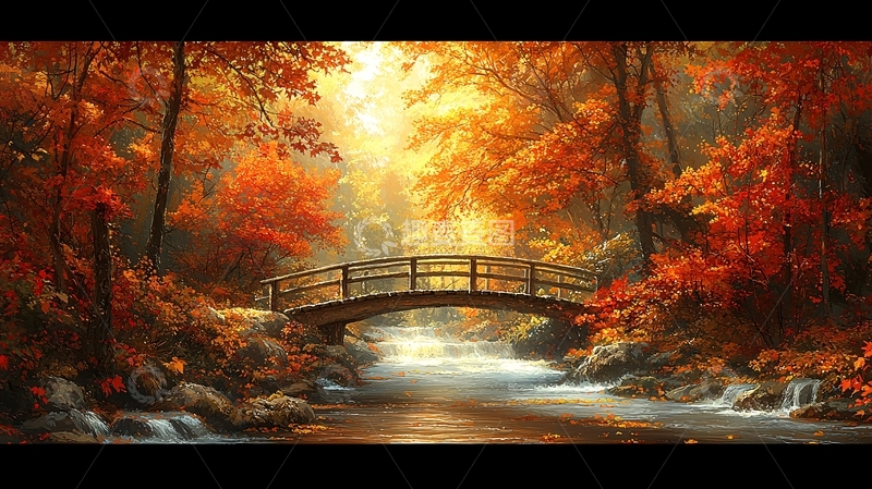 高清大图下载【趣麦麦图】秋日森林小桥流水