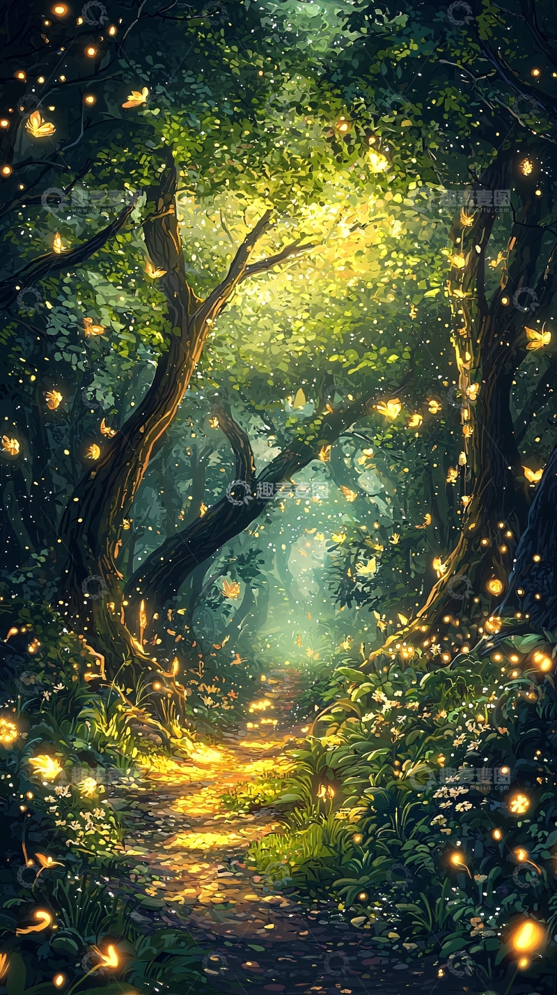 高清大图下载【趣麦麦图】萤火虫森林小路