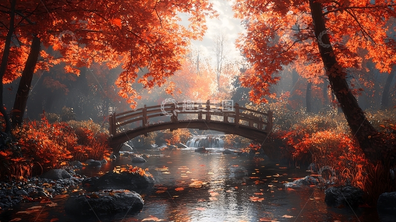高清大图下载【趣麦麦图】秋日红叶小桥流水