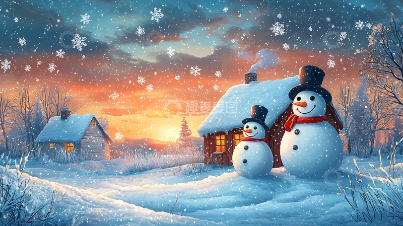 高清大图下载【趣麦麦图】雪景下的雪人小屋