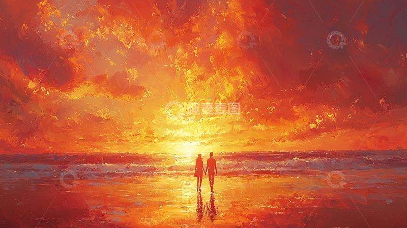 高清大图下载【趣麦麦图】日落海滩恋人剪影