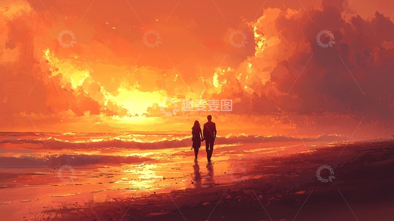 高清大图下载【趣麦麦图】日落海滩情侣剪影
