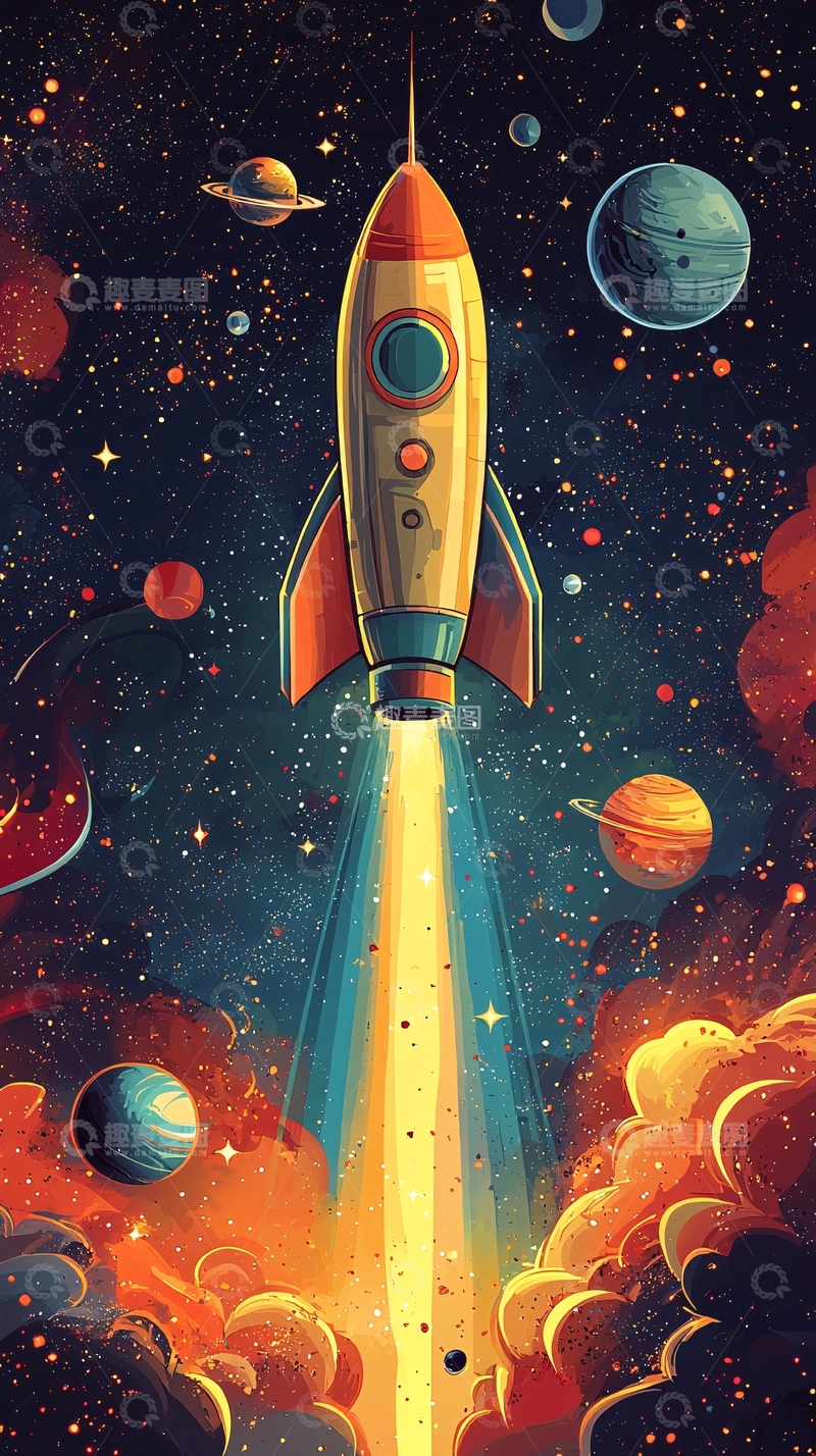 高清大图下载【趣麦麦图】复古火箭宇宙飞船