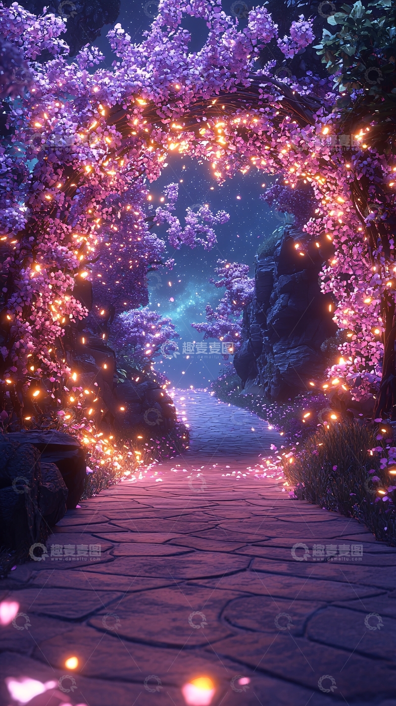 高清大图下载【趣麦麦图】梦幻紫粉色樱花树拱门
