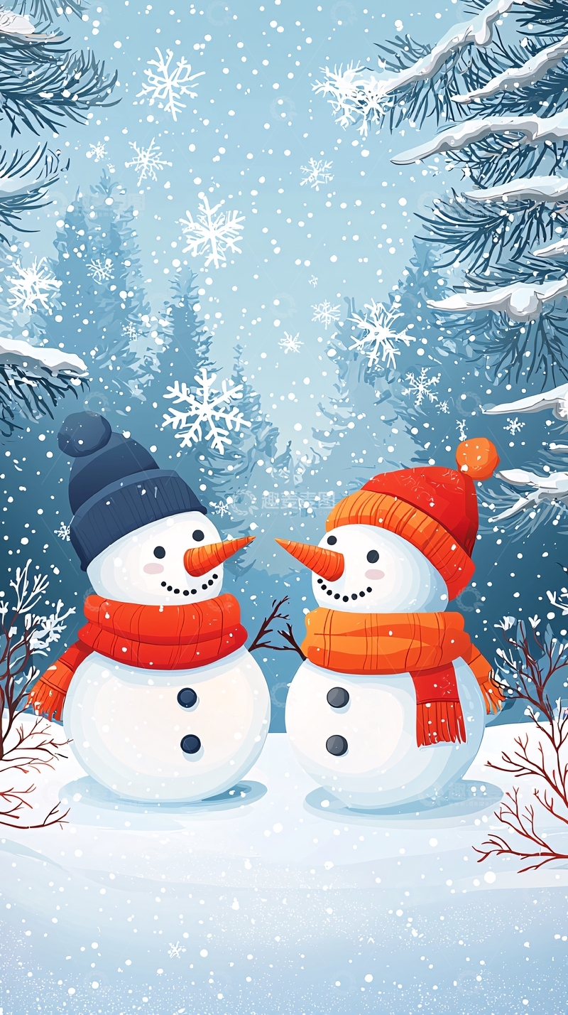 高清大图下载【趣麦麦图】雪地里两个戴帽子的雪人