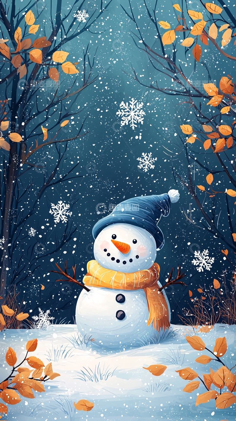 高清大图下载【趣麦麦图】冬日雪景中的可爱雪人
