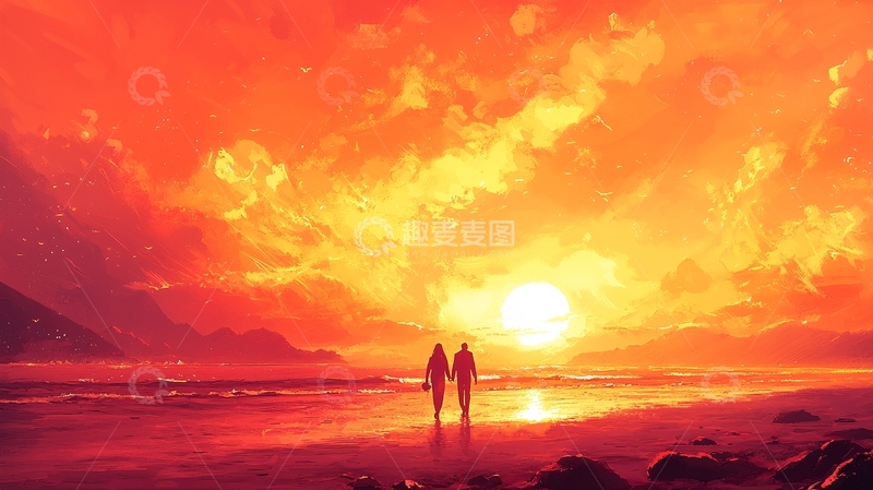 高清大图下载【趣麦麦图】日落情侣海滩剪影