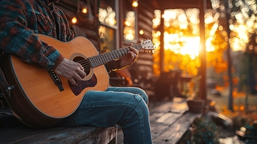 木屋前弹吉他的男人