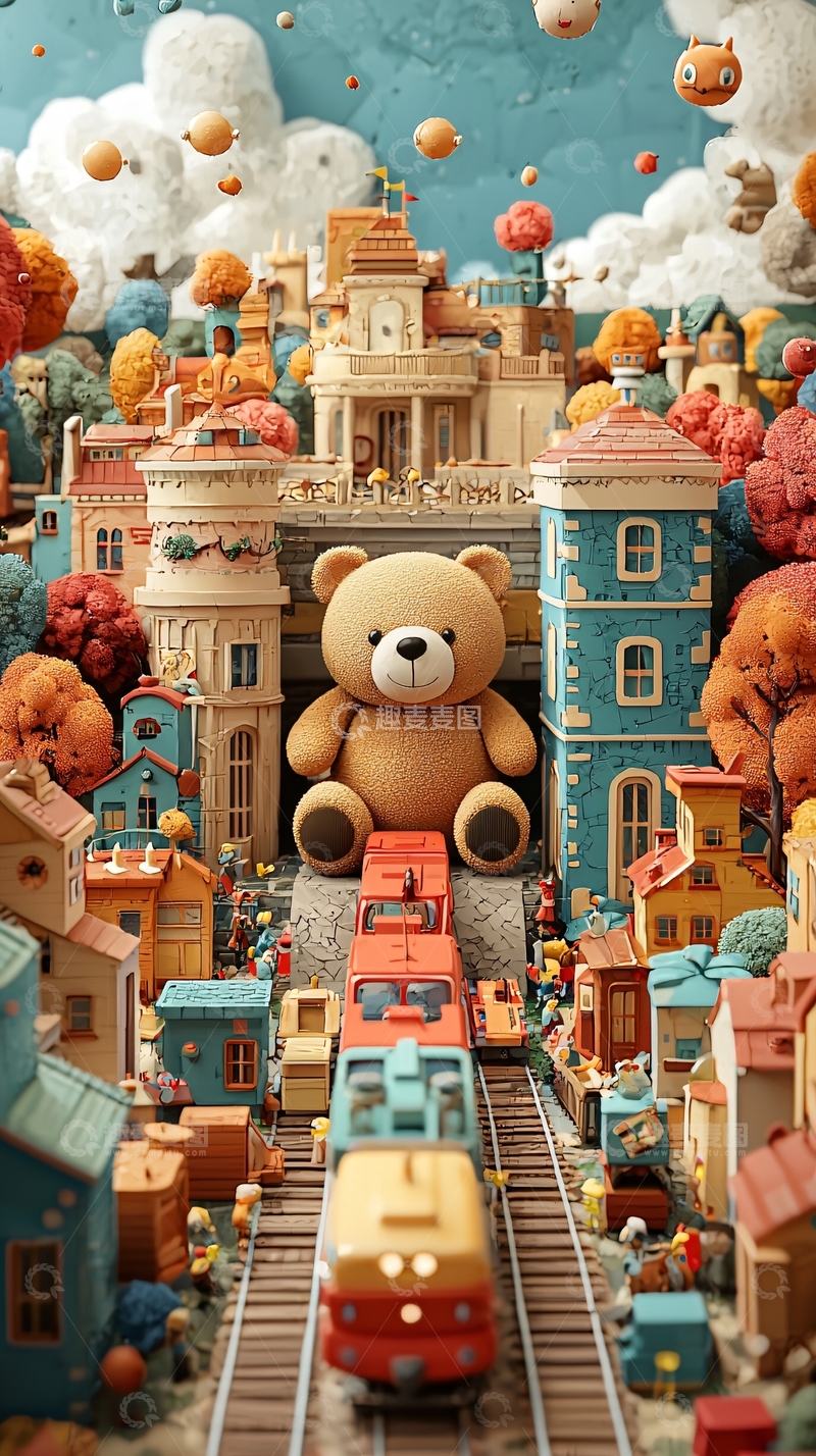 高清大图下载【趣麦麦图】毛绒玩具熊坐火车