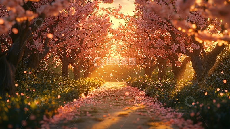 高清大图下载【趣麦麦图】落日余晖下的樱花小路