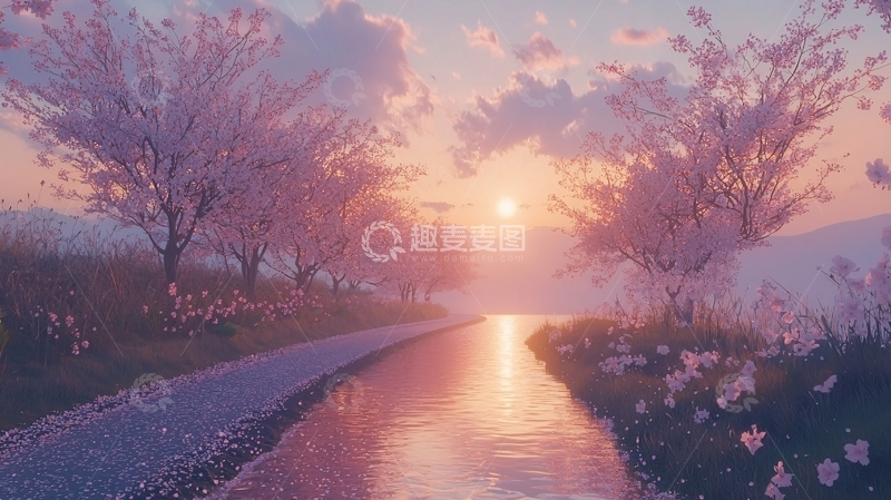 高清大图下载【趣麦麦图】唯美日落樱花小路