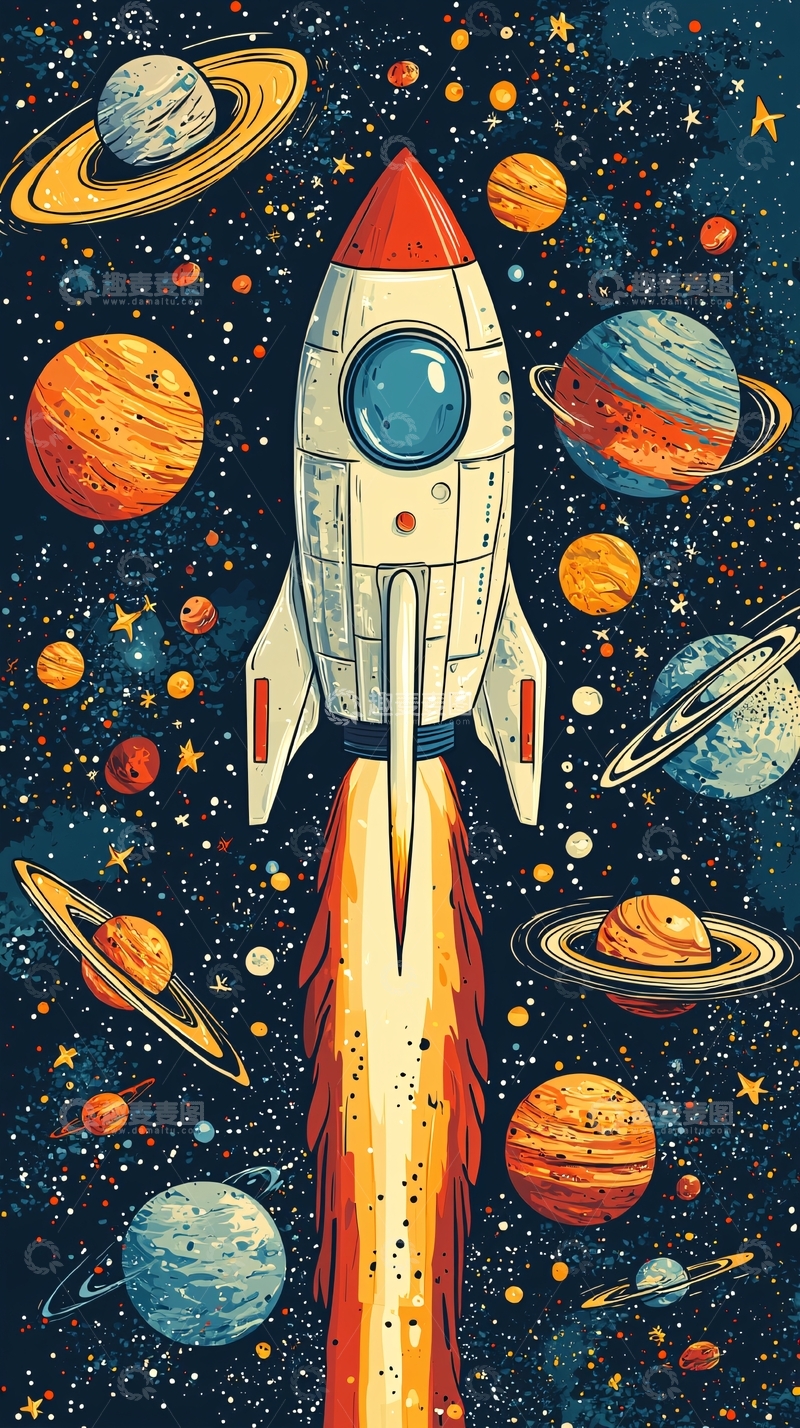 高清大图下载【趣麦麦图】复古火箭宇宙飞船