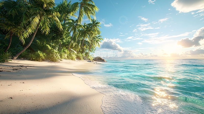 高清大图下载【趣麦麦图】热带海滩椰林日落