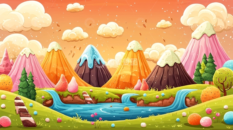 高清大图下载【趣麦麦图】彩色梦幻卡通山脉