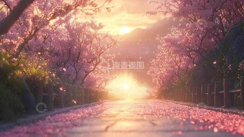 高清大图下载【趣麦麦图】落日余晖下的樱花道