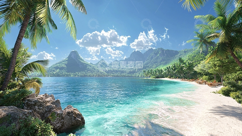 高清大图下载【趣麦麦图】热带海滩椰树山峰