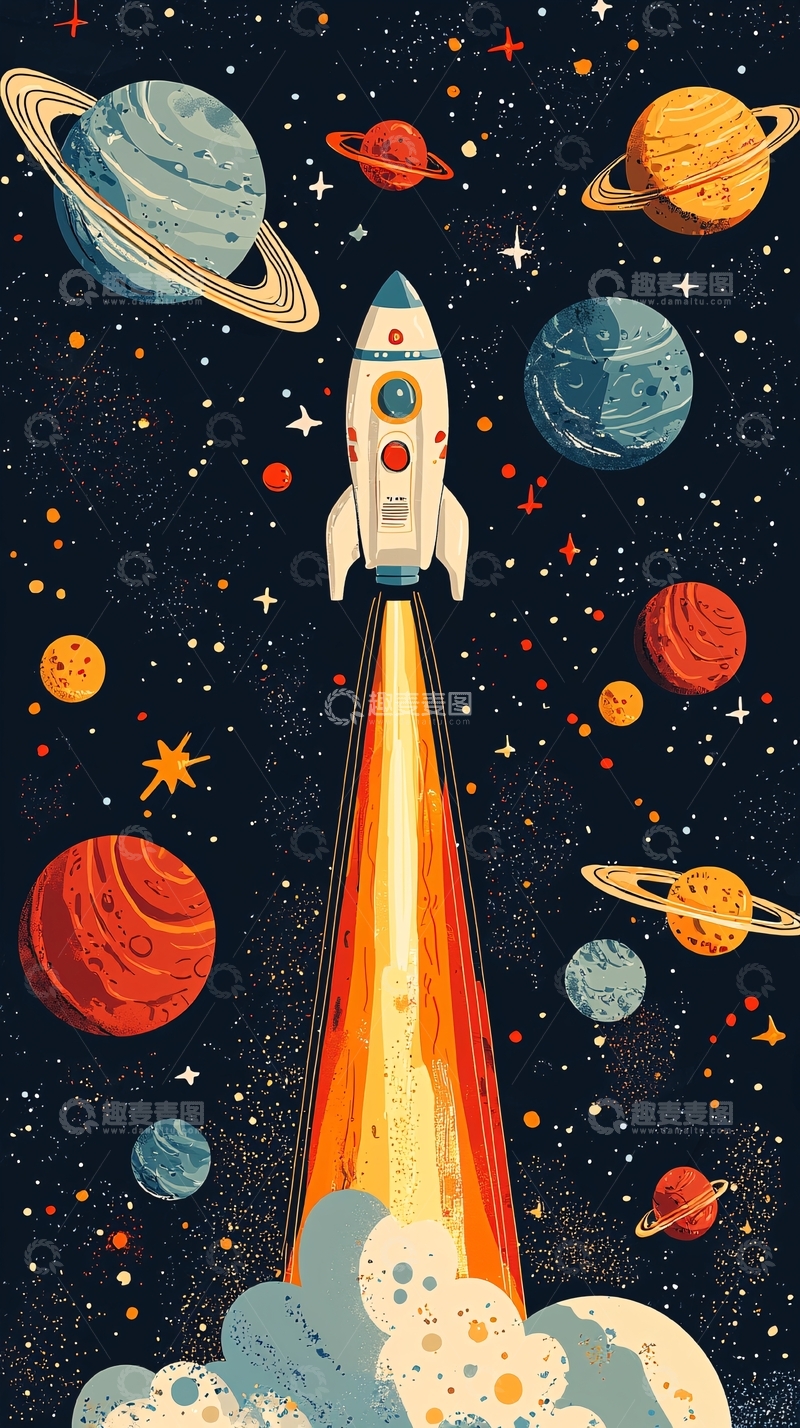 高清大图下载【趣麦麦图】复古火箭宇宙飞船