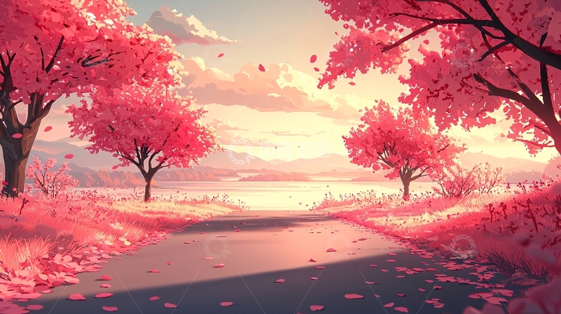 高清大图下载【趣麦麦图】粉色樱花树下的道路