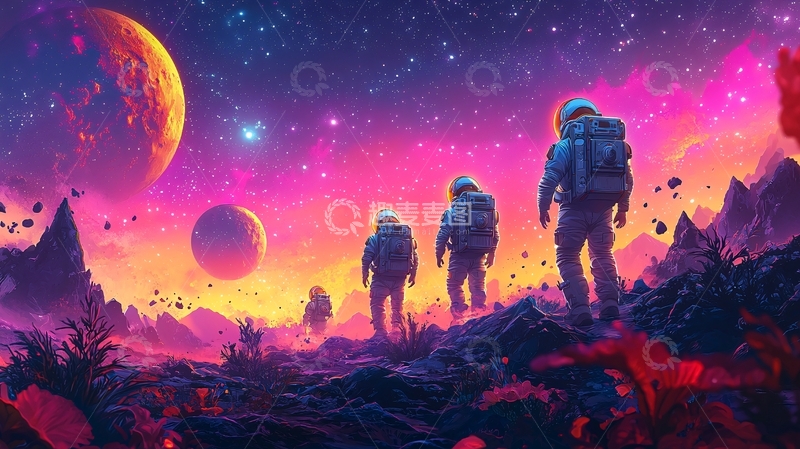 高清大图下载【趣麦麦图】太空宇航员探索奇幻星球