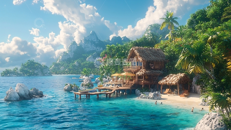 高清大图下载【趣麦麦图】热带海滩木屋度假村