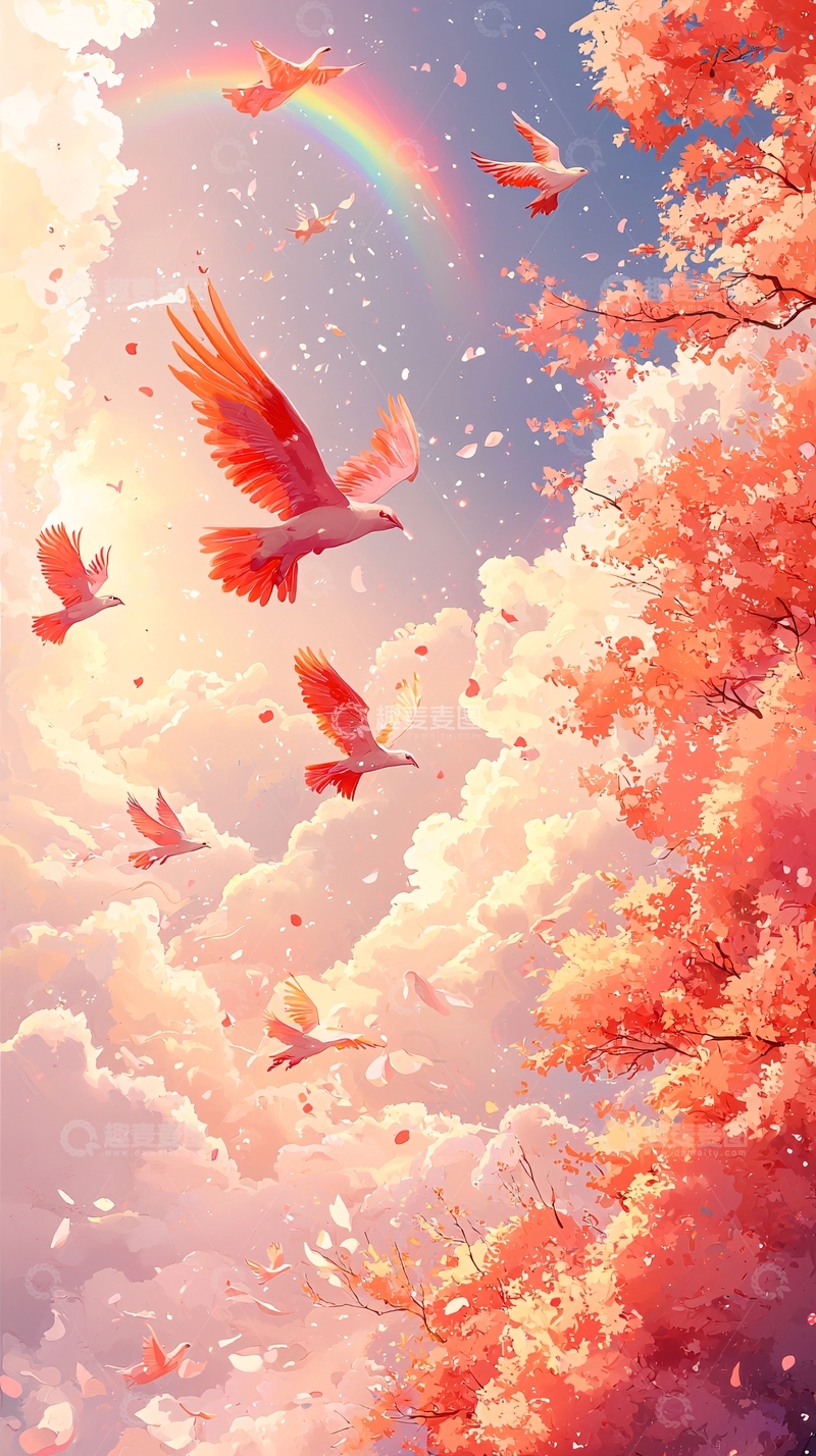 高清大图下载【趣麦麦图】彩虹飞鸟樱花树