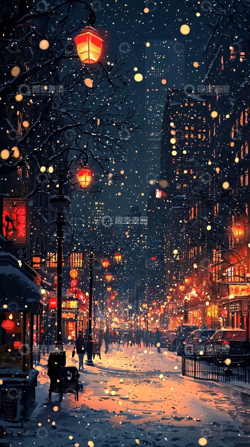 高清大图下载【趣麦麦图】冬夜雪景街景