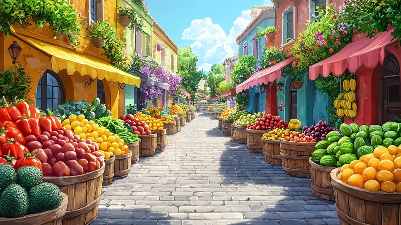 高清大图下载【趣麦麦图】彩色街道水果市场
