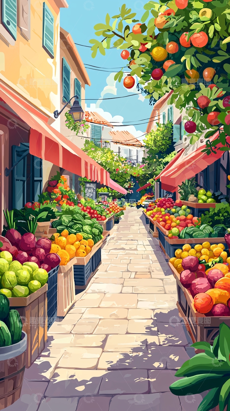 高清大图下载【趣麦麦图】阳光明媚的水果蔬菜市场