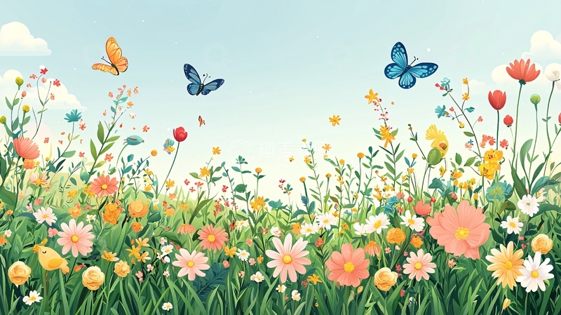 高清大图下载【趣麦麦图】春天的花海和蝴蝶
