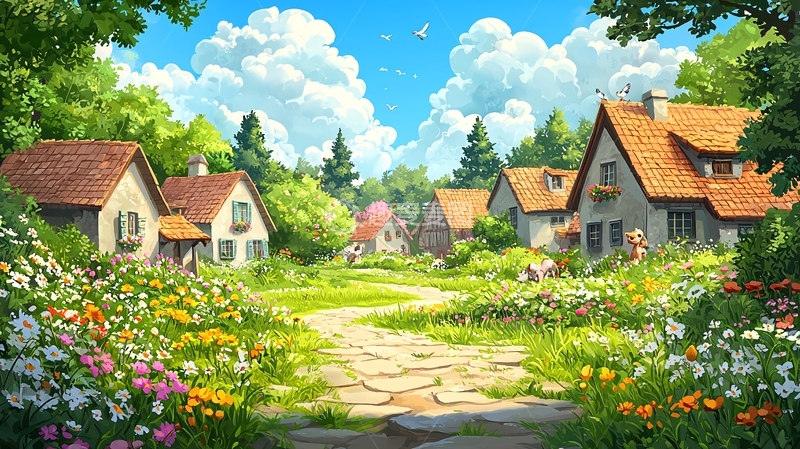 高清大图下载【趣麦麦图】阳光明媚的田园村庄