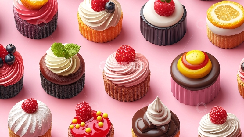 高清大图下载【趣麦麦图】粉色背景下各种口味纸杯蛋糕