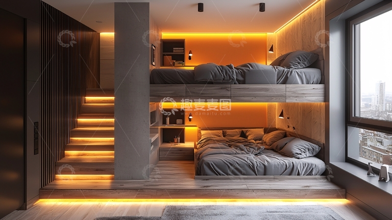 高清大图下载【趣麦麦图】现代简约双层床卧室设计