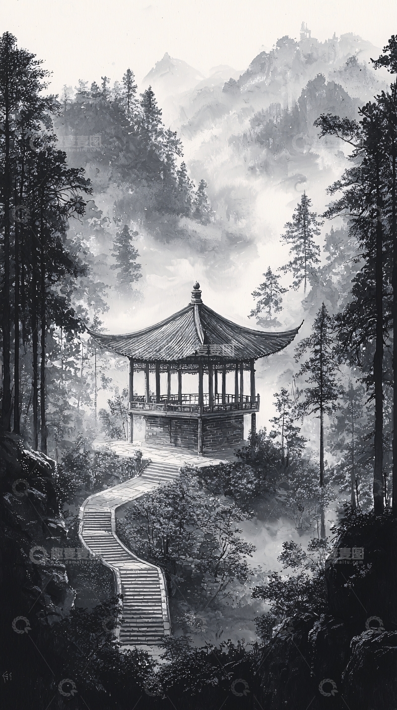 高清大图下载【趣麦麦图】水墨画山水亭台