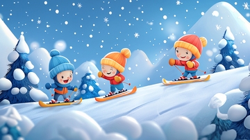 雪地里快乐滑雪的孩子们