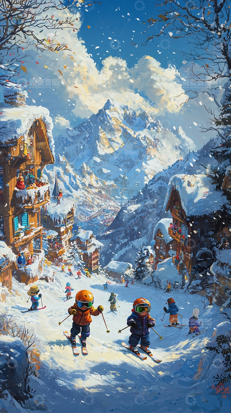 高清大图下载【趣麦麦图】雪山小镇滑雪风景