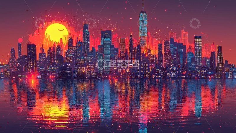 高清大图下载【趣麦麦图】日落纽约城市剪影