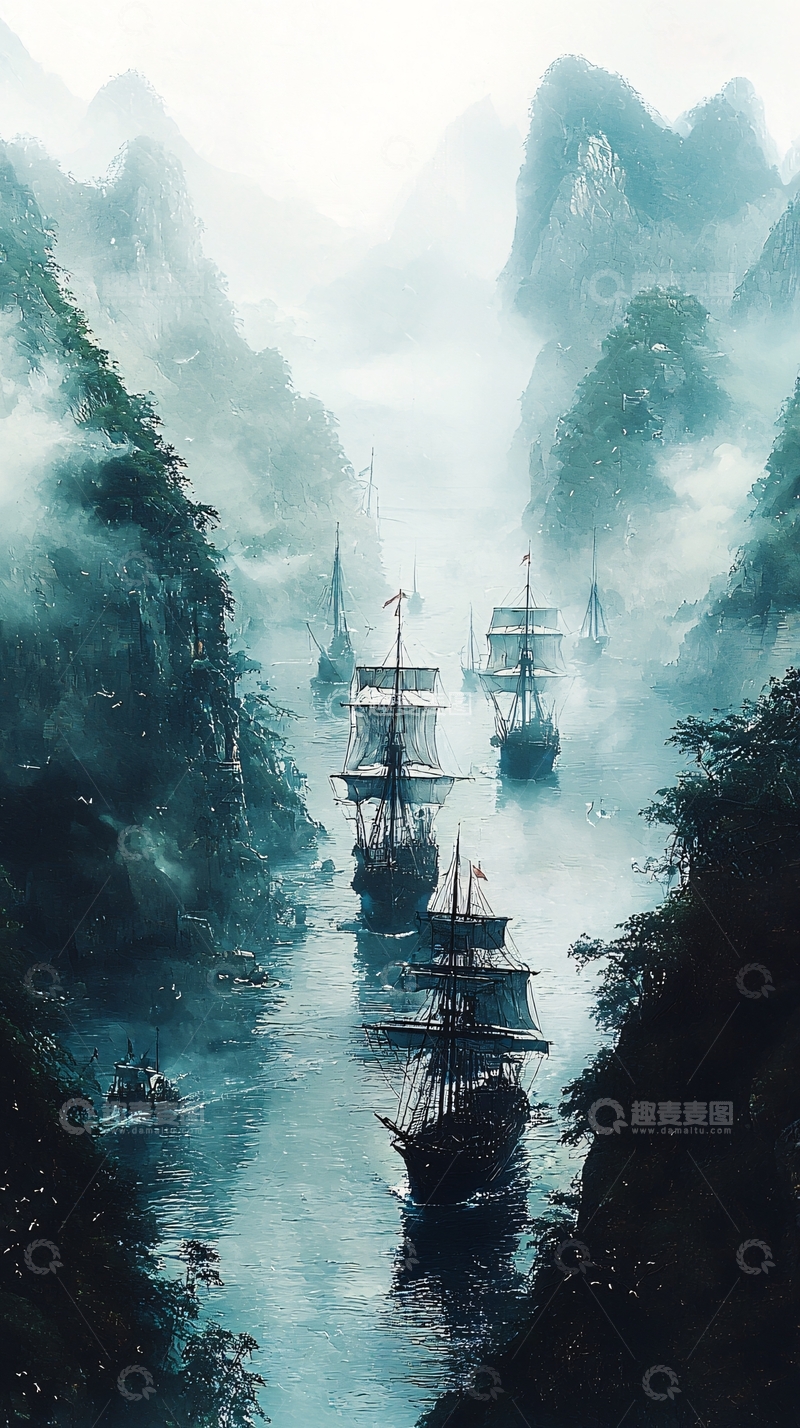 高清大图下载【趣麦麦图】水墨画风格航海图