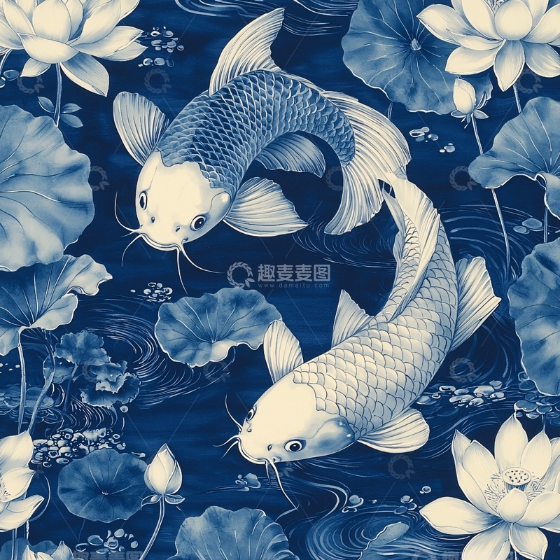 高清大图下载【趣麦麦图】蓝白鲤鱼荷花图