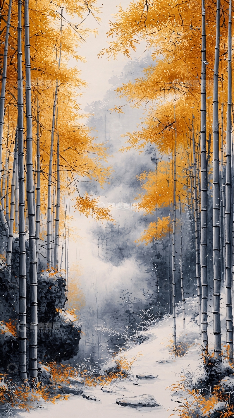 高清大图下载【趣麦麦图】秋日竹林雪景