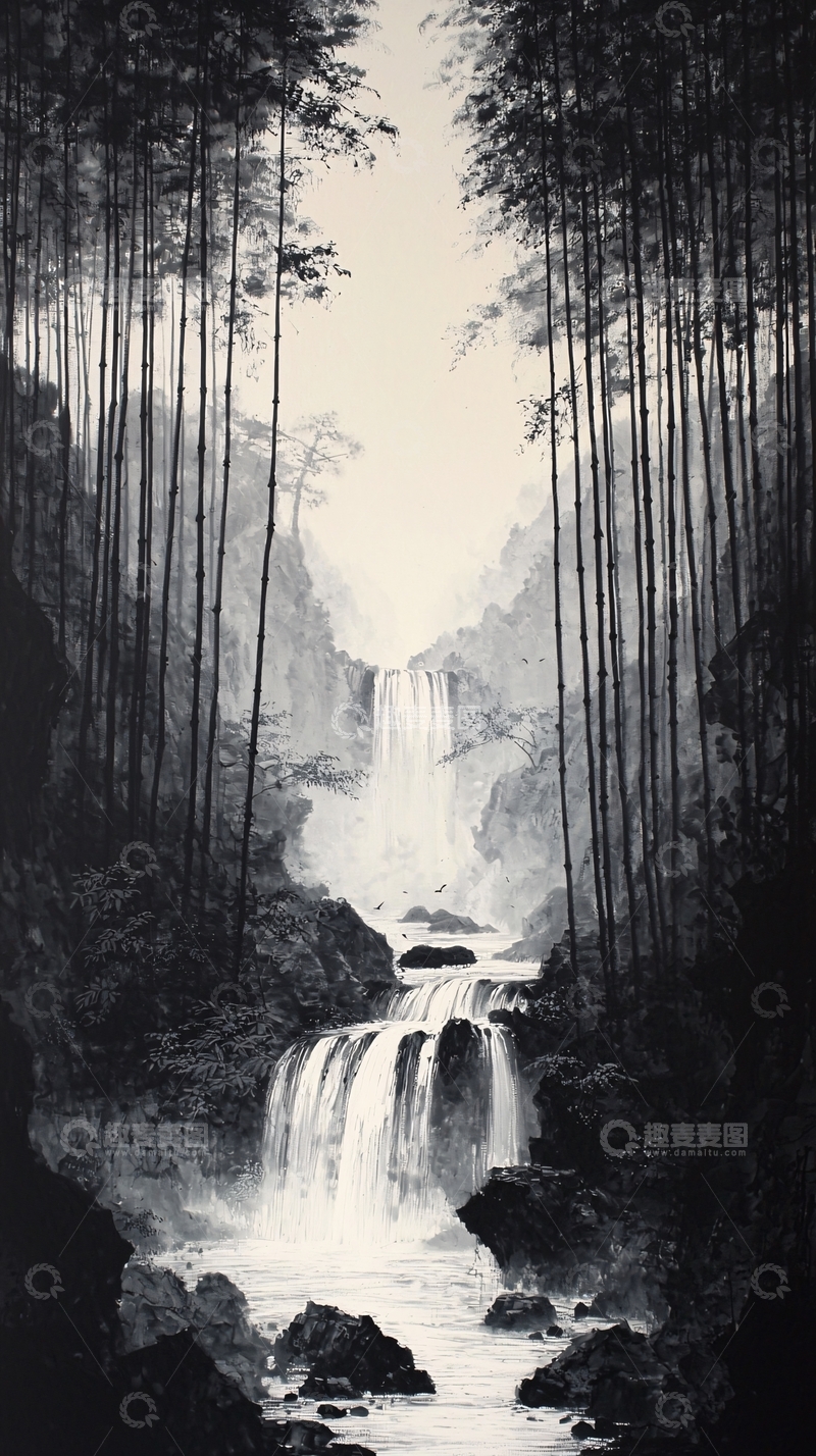 高清大图下载【趣麦麦图】水墨画瀑布