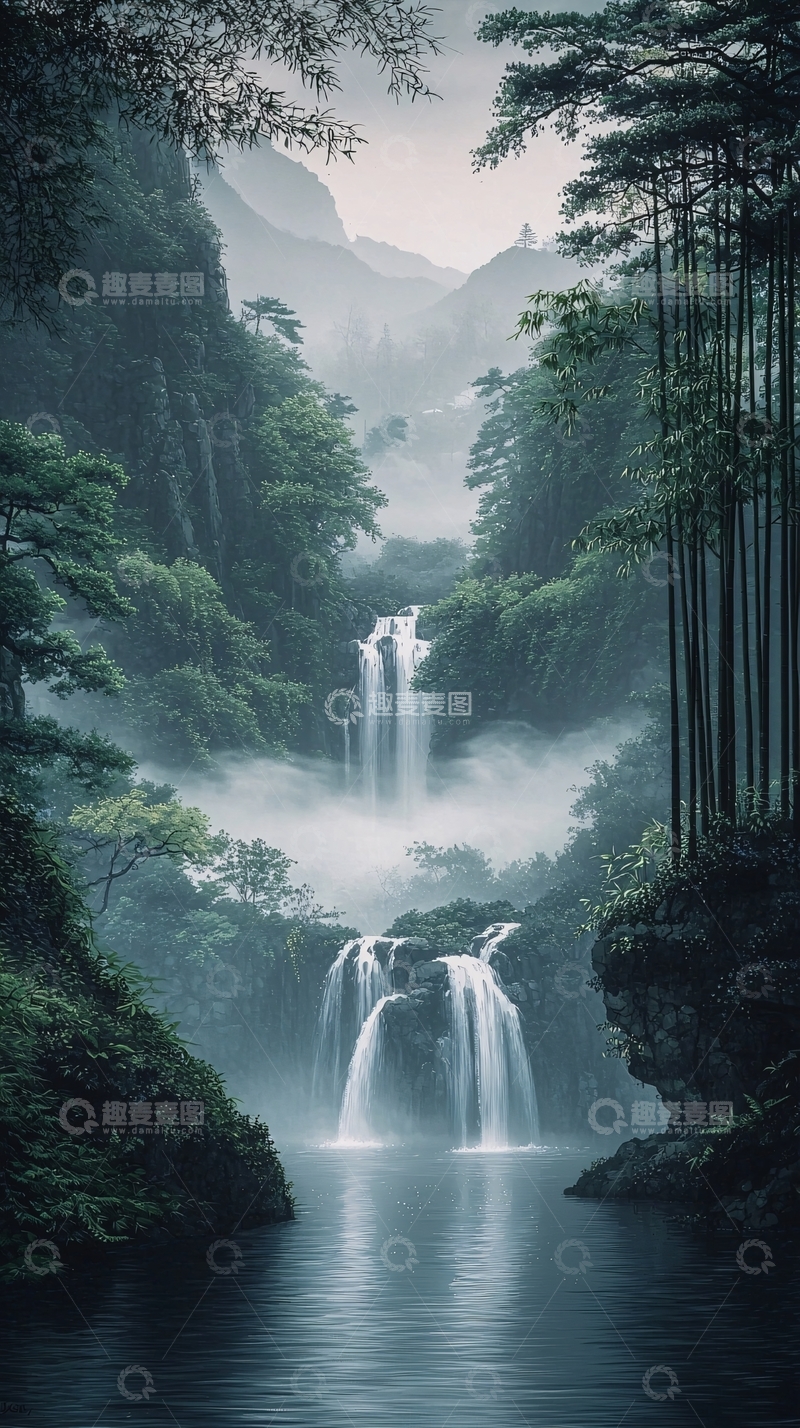 高清大图下载【趣麦麦图】雾气缭绕的瀑布仙境