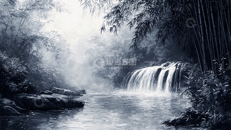高清大图下载【趣麦麦图】水墨风格瀑布