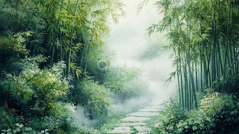 高清大图下载【趣麦麦图】雾气朦胧的竹林小径