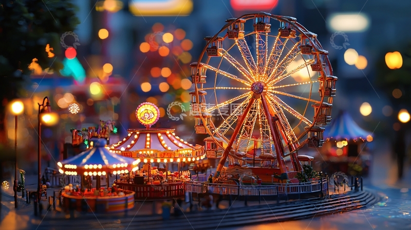高清大图下载【趣麦麦图】夜色中的微缩景观摩天轮