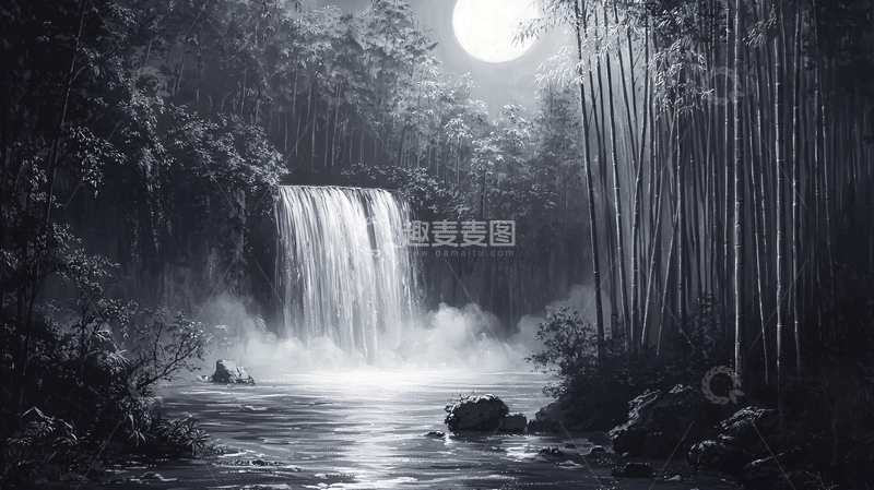 高清大图下载【趣麦麦图】月夜瀑布