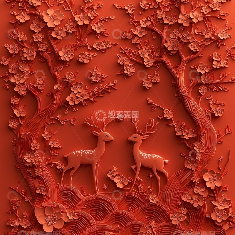 红棕色梅花鹿浮雕